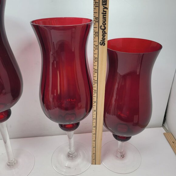 Hurricane Red Glass Candle Holders With Clear Stems Set of 3 - Picture 4 of 8